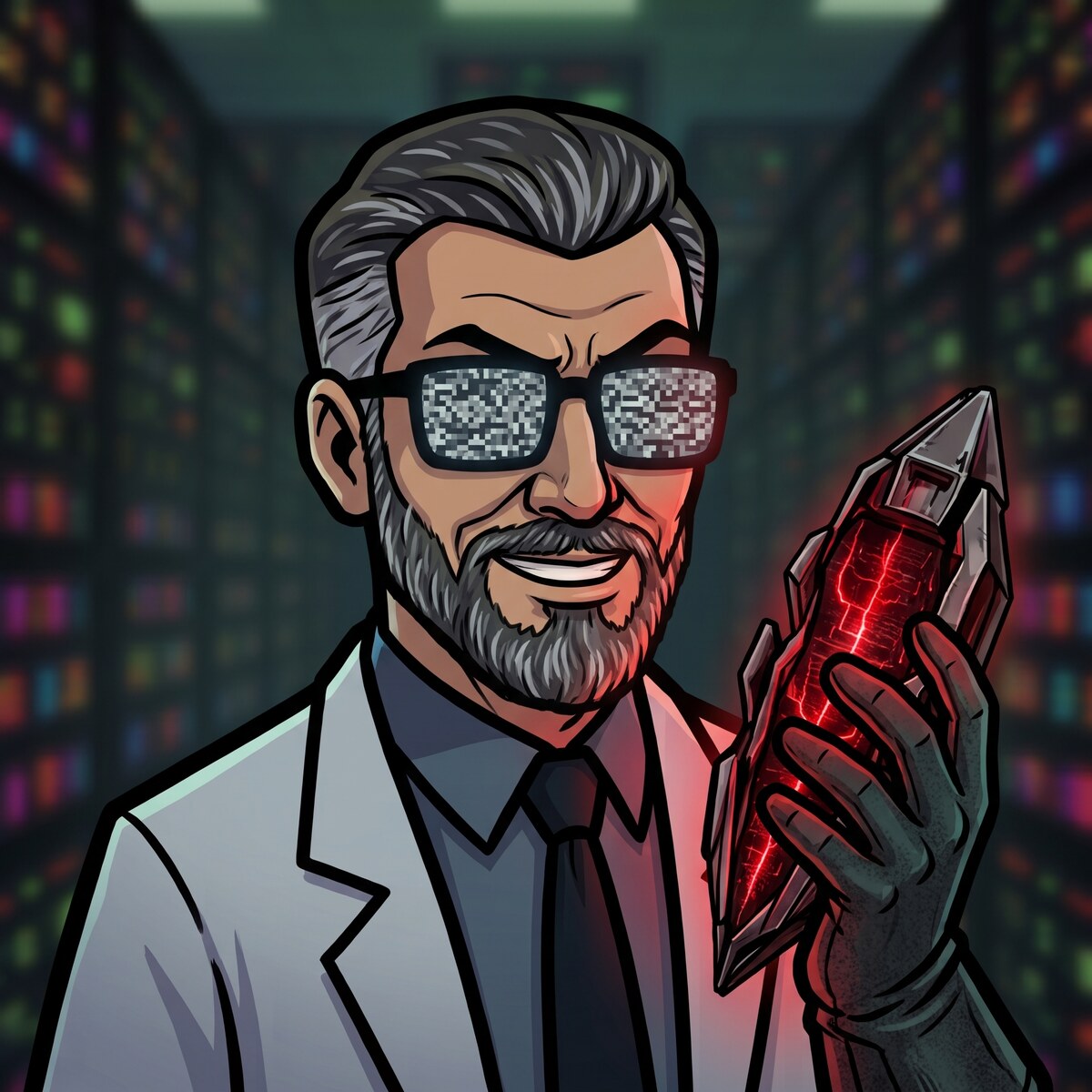 Cartoon of Auggie in a lab coat and static-filled glasses, holding a glowing red artifact in a server room.