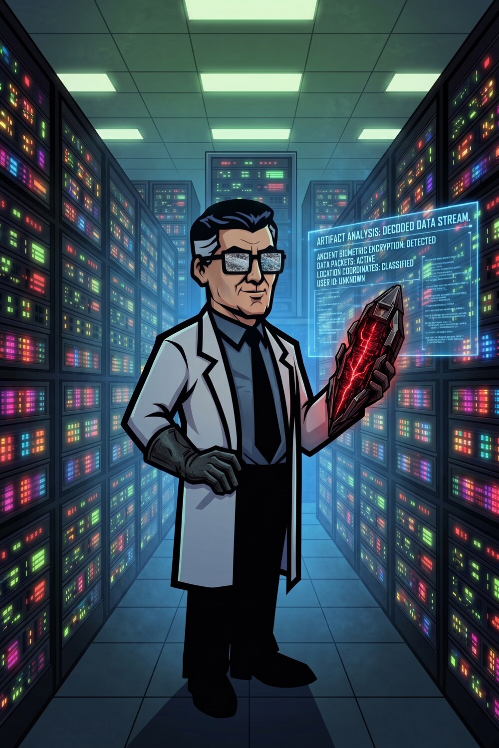 Auggie standing in a server-room aisle, examining a glowing artifact while a floating display decodes it.
